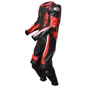 MOTORBIKE LEATHER SUIT BIKER'S MOTORCYCLE LEATHER SUIT RED BLACK COLOR SILVER PROTECTION